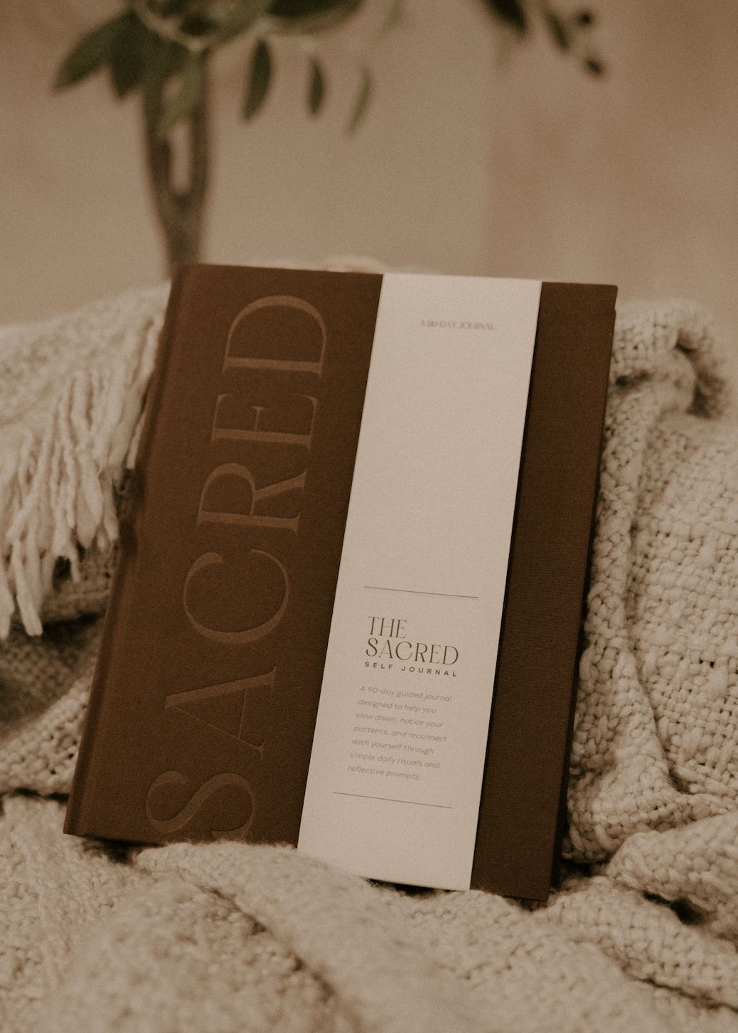 Brown book titled 'Sacred' on a textured surface with a blurred background